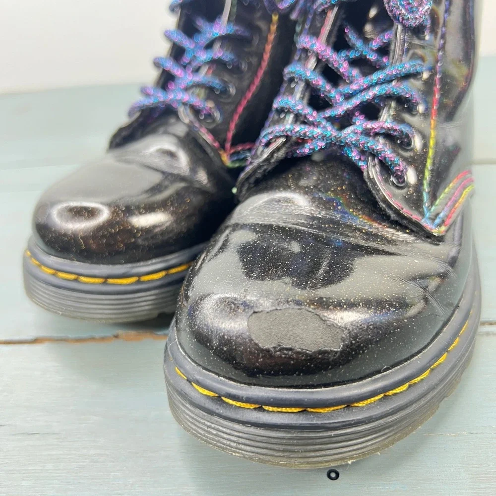 Dr. Martens 1460 T Kids Black Cosmic Glitter Rainbow Boots Size 10 US 9 UK